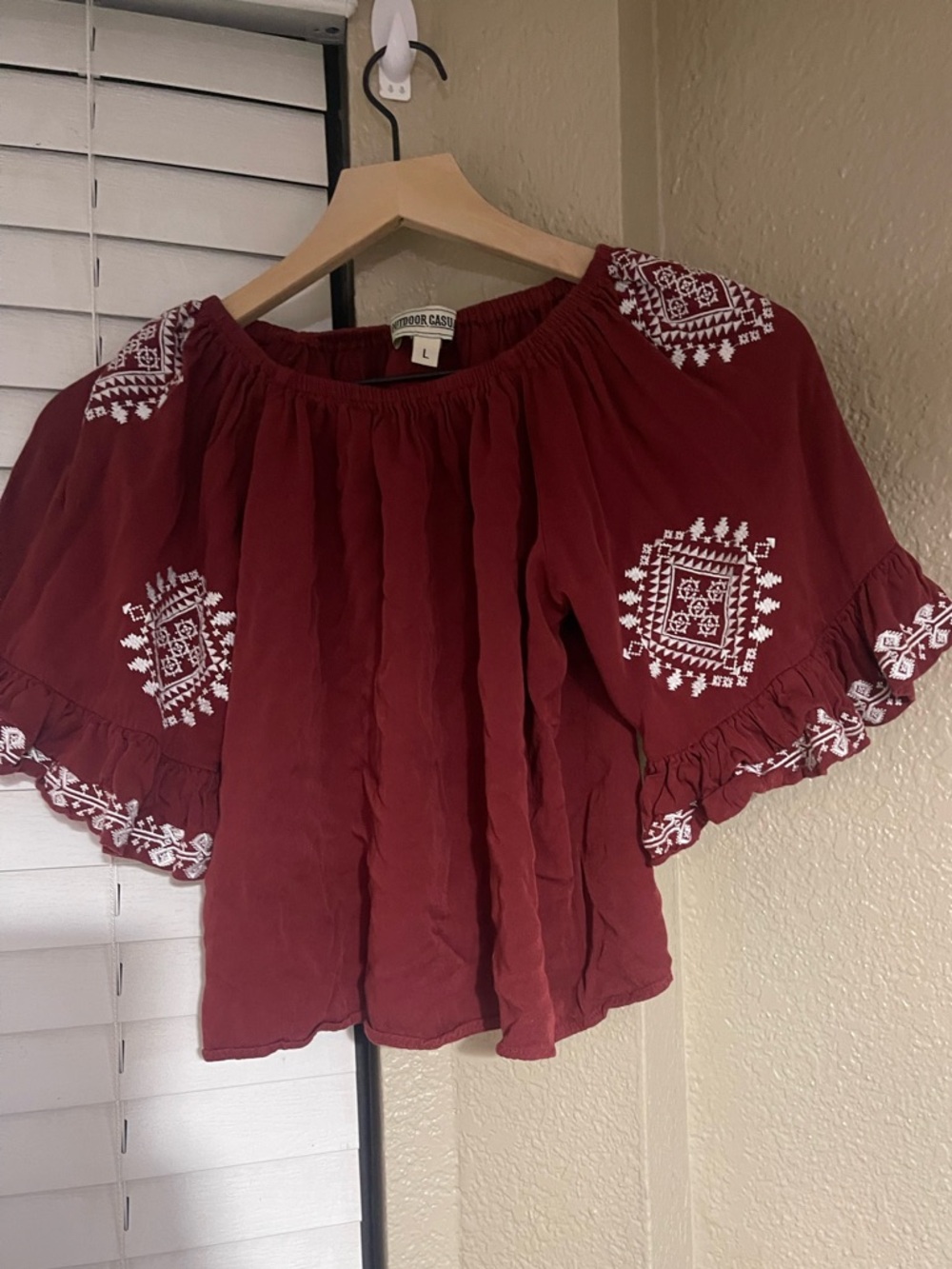 Embroidered Off-Shoulder Peasant Top in Burgundy